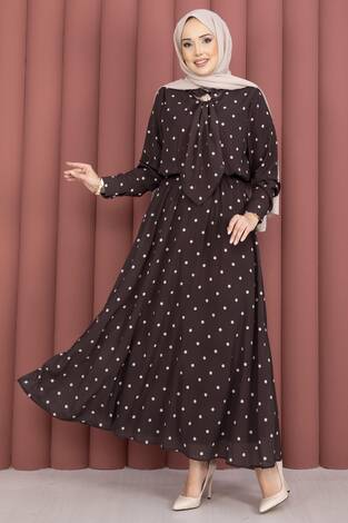 Yaka Fularlı Puantiyeli Etekli Takım Kahve - Thumbnail