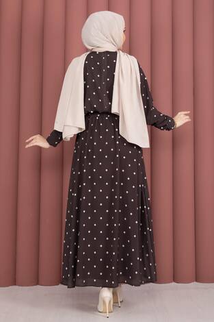 Yaka Fularlı Puantiyeli Etekli Takım Kahve - Thumbnail