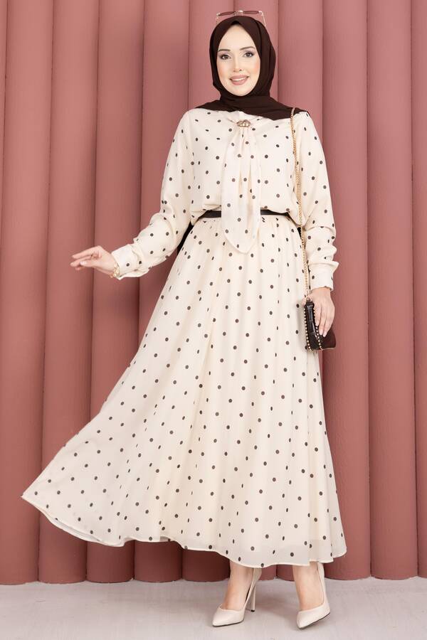 Yuq - Yaka Fularlı Puantiyeli Etekli Takım Krem