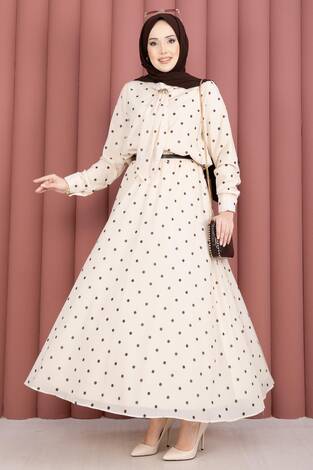 Yaka Fularlı Puantiyeli Etekli Takım Krem - Thumbnail