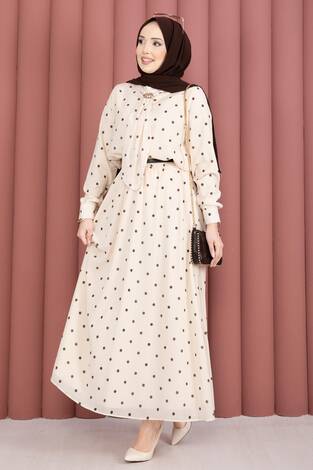 Yaka Fularlı Puantiyeli Etekli Takım Krem - Thumbnail