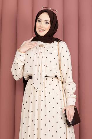 Yaka Fularlı Puantiyeli Etekli Takım Krem - Thumbnail
