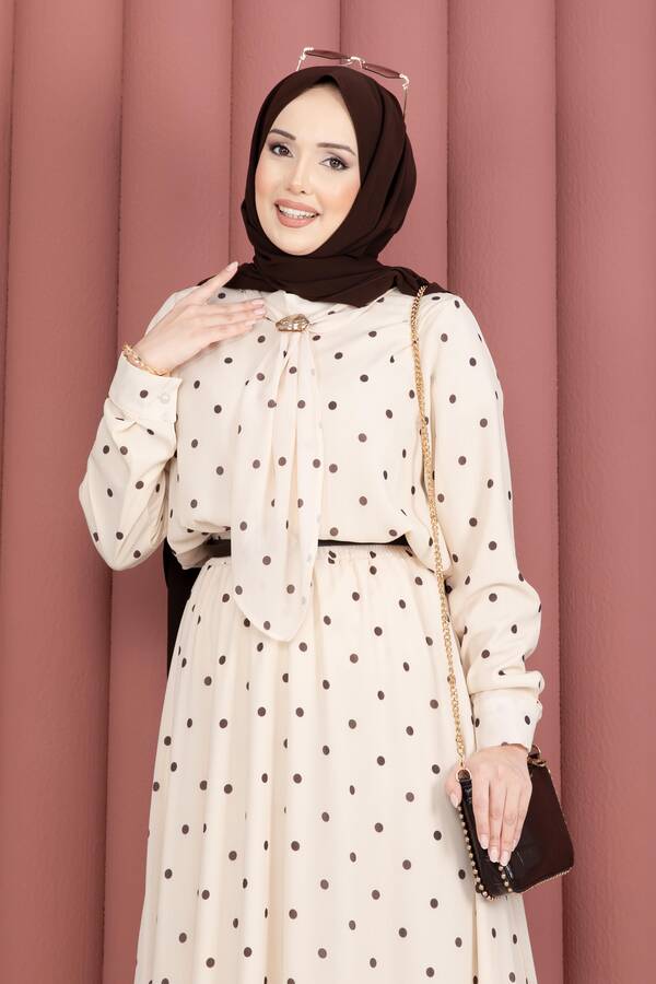 Yuq - Yaka Fularlı Puantiyeli Etekli Takım Krem (1)