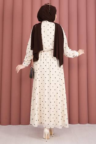 Yaka Fularlı Puantiyeli Etekli Takım Krem - Thumbnail