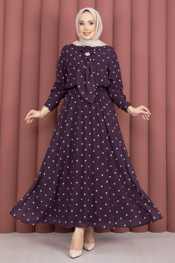 Yuq - Yaka Fularlı Puantiyeli Etekli Takım Mürdüm