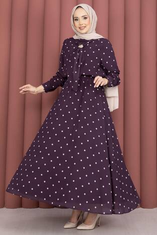 Yaka Fularlı Puantiyeli Etekli Takım Mürdüm - Thumbnail