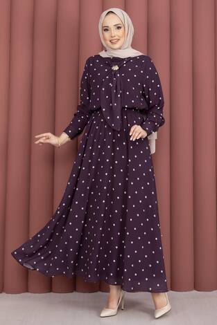 Yaka Fularlı Puantiyeli Etekli Takım Mürdüm - Thumbnail