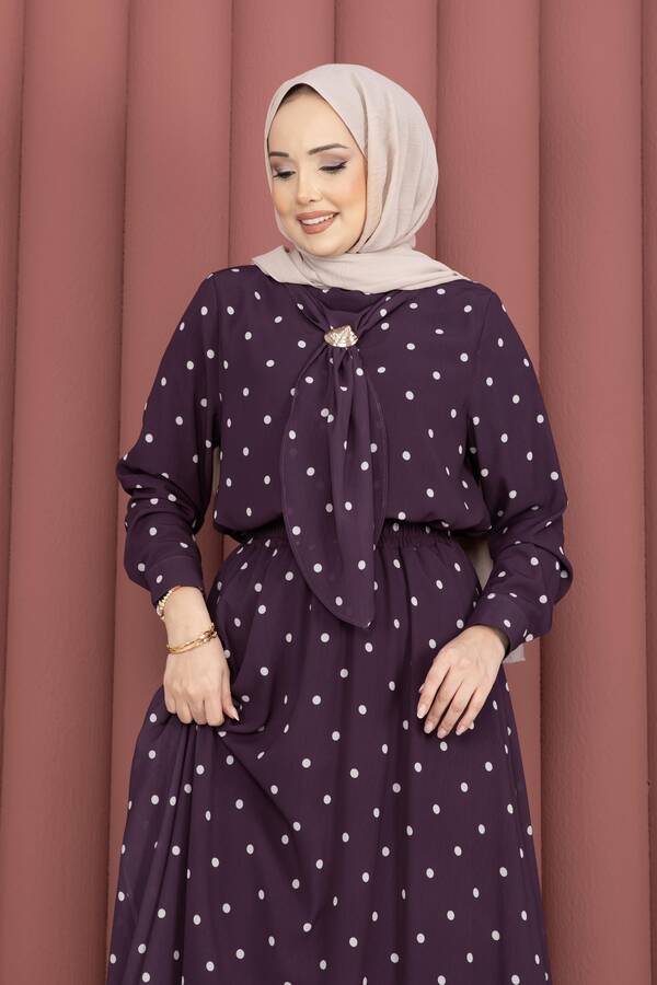 Yuq - Yaka Fularlı Puantiyeli Etekli Takım Mürdüm (1)