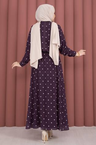 Yaka Fularlı Puantiyeli Etekli Takım Mürdüm - Thumbnail