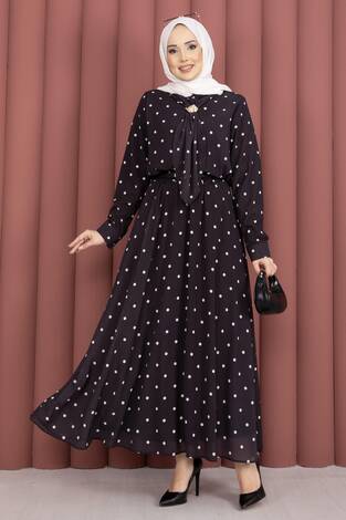 Yaka Fularlı Puantiyeli Etekli Takım Siyah - Thumbnail