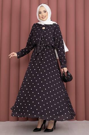 Yaka Fularlı Puantiyeli Etekli Takım Siyah - Thumbnail