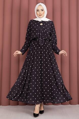 Yaka Fularlı Puantiyeli Etekli Takım Siyah - Thumbnail