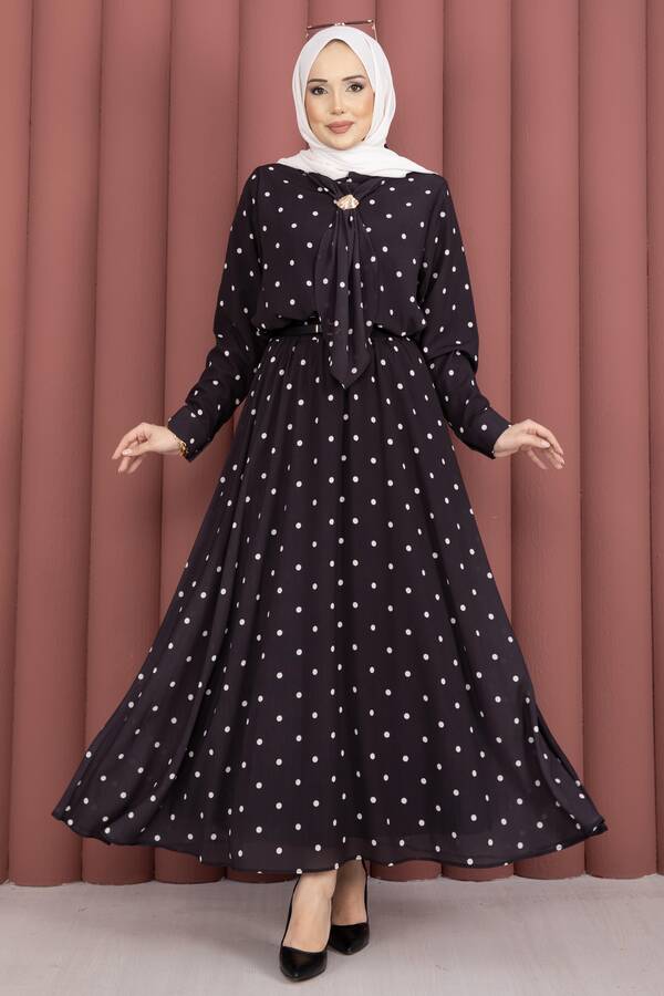 Yuq - Yaka Fularlı Puantiyeli Etekli Takım Siyah