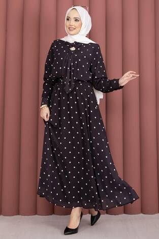 Yaka Fularlı Puantiyeli Etekli Takım Siyah - Thumbnail