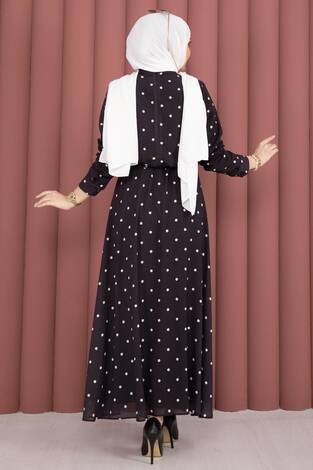 Yaka Fularlı Puantiyeli Etekli Takım Siyah - Thumbnail