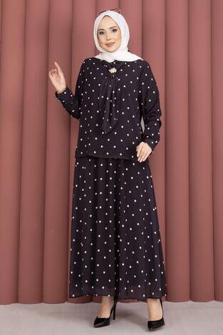 Yaka Fularlı Puantiyeli Etekli Takım Siyah - Thumbnail