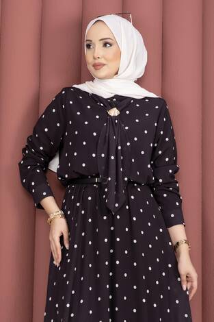 Yaka Fularlı Puantiyeli Etekli Takım Siyah - Thumbnail