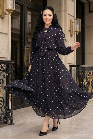 Yaka Fularlı Puantiyeli Etekli Takım Siyah - Thumbnail