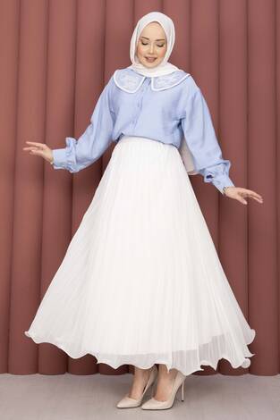 Yaka Nakışlı Etek Üstü Gömlek Bebe Mavisi