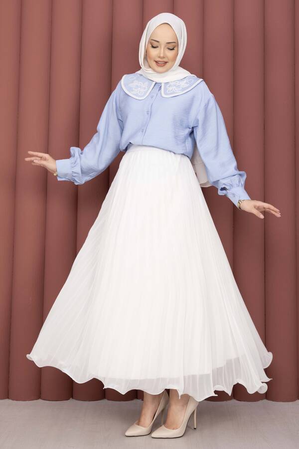 Svs - Yaka Nakışlı Etek Üstü Gömlek Bebe Mavisi