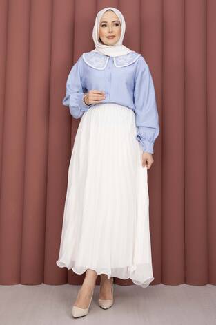 Yaka Nakışlı Etek Üstü Gömlek Bebe Mavisi - Thumbnail