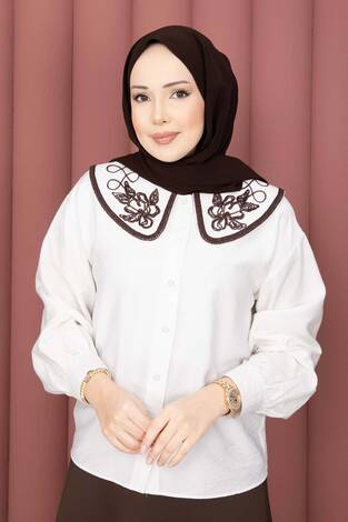 Yaka Nakışlı Etek Üstü Gömlek Ekru - Thumbnail