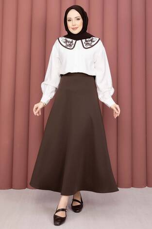 Yaka Nakışlı Etek Üstü Gömlek Ekru - Thumbnail