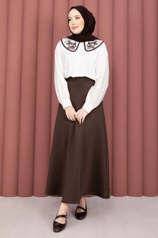 Yaka Nakışlı Etek Üstü Gömlek Ekru - Thumbnail