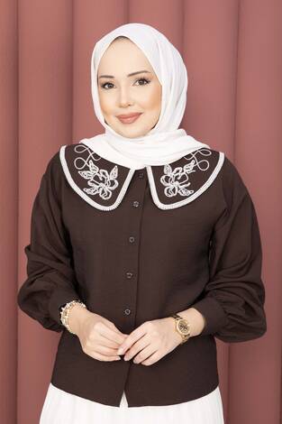 Yaka Nakışlı Etek Üstü Gömlek Kahve - Thumbnail