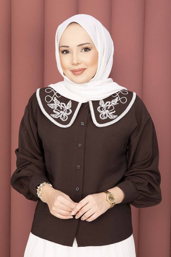 Svs - Yaka Nakışlı Etek Üstü Gömlek Kahve (1)