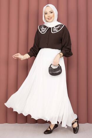 Yaka Nakışlı Etek Üstü Gömlek Kahve - Thumbnail