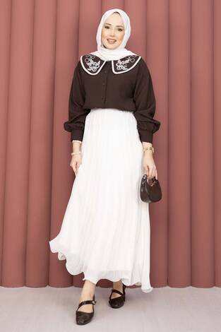 Yaka Nakışlı Etek Üstü Gömlek Kahve - Thumbnail