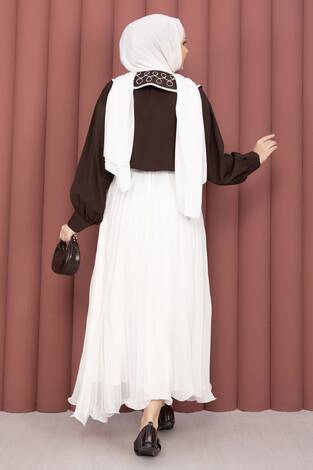 Yaka Nakışlı Etek Üstü Gömlek Kahve - Thumbnail