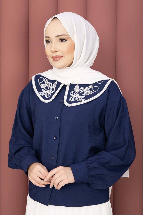 Svs - Yaka Nakışlı Etek Üstü Gömlek Lacivert (1)
