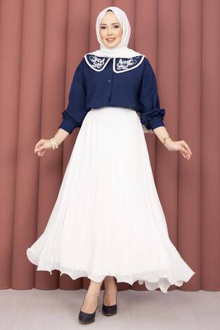 Yaka Nakışlı Etek Üstü Gömlek Lacivert - Thumbnail