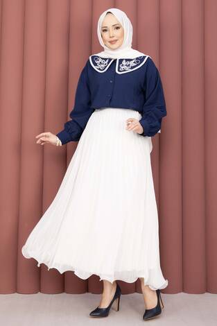 Yaka Nakışlı Etek Üstü Gömlek Lacivert - Thumbnail