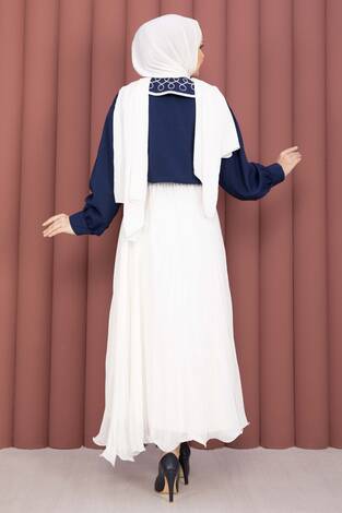 Yaka Nakışlı Etek Üstü Gömlek Lacivert - Thumbnail