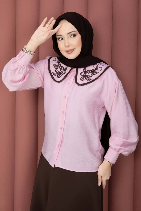 Svs - Yaka Nakışlı Etek Üstü Gömlek Pembe (1)