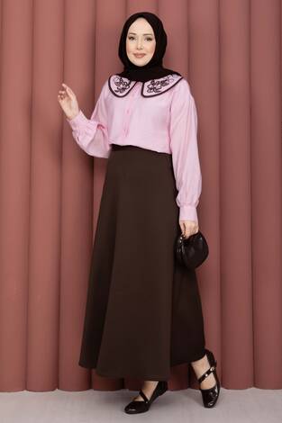 Yaka Nakışlı Etek Üstü Gömlek Pembe - Thumbnail