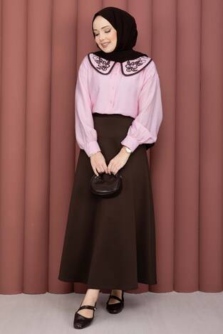 Yaka Nakışlı Etek Üstü Gömlek Pembe - Thumbnail