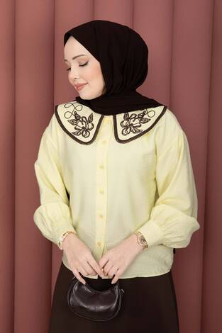 Yaka Nakışlı Etek Üstü Gömlek Sarı - Thumbnail