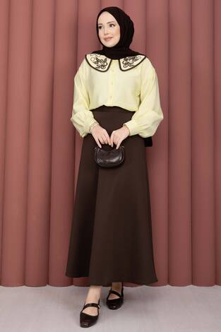 Yaka Nakışlı Etek Üstü Gömlek Sarı - Thumbnail