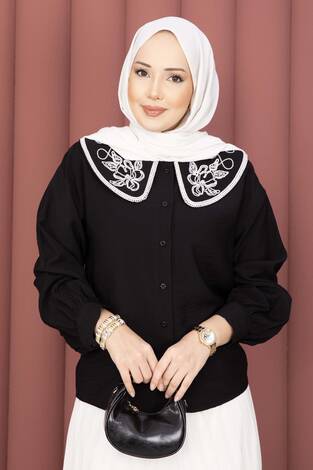 Yaka Nakışlı Etek Üstü Gömlek Siyah - Thumbnail