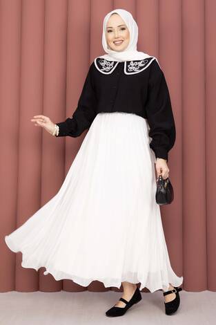 Yaka Nakışlı Etek Üstü Gömlek Siyah - Thumbnail