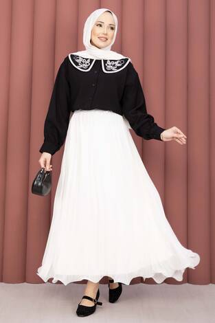 Yaka Nakışlı Etek Üstü Gömlek Siyah