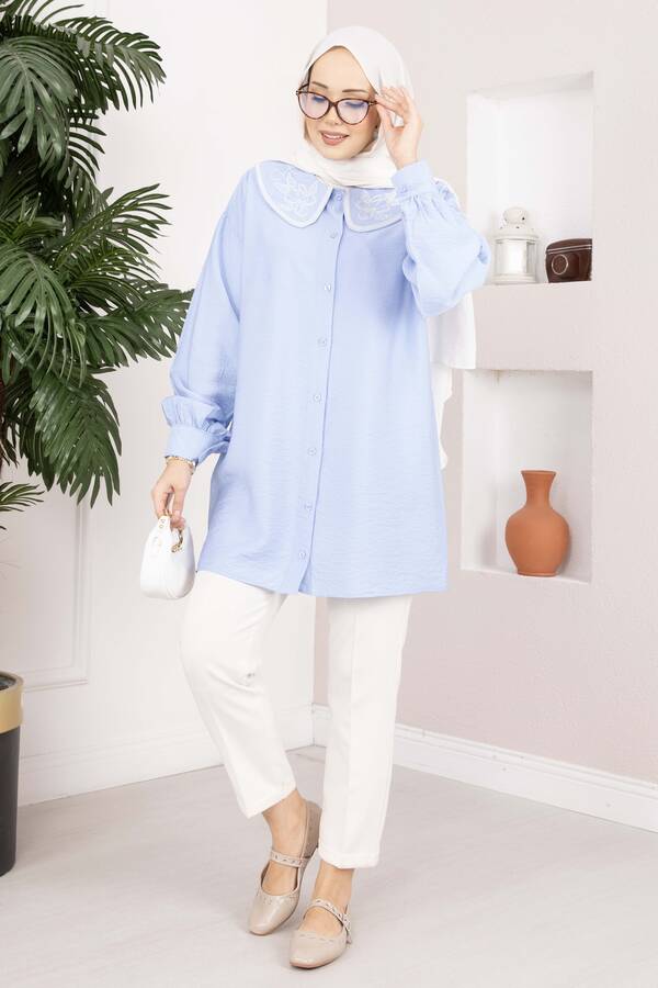 Svs - Yaka Nakışlı Tesettür Tunik Bebe Mavisi