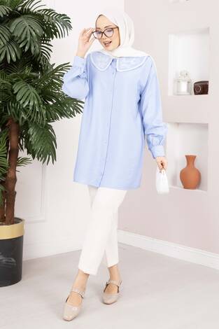 Yaka Nakışlı Tesettür Tunik Bebe Mavisi - Thumbnail