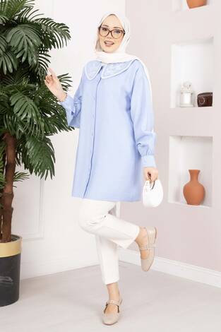 Yaka Nakışlı Tesettür Tunik Bebe Mavisi - Thumbnail