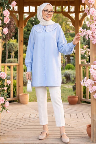 Yaka Nakışlı Tesettür Tunik Bebe Mavisi