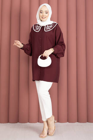 Yaka Nakışlı Tesettür Tunik Bordo - Thumbnail